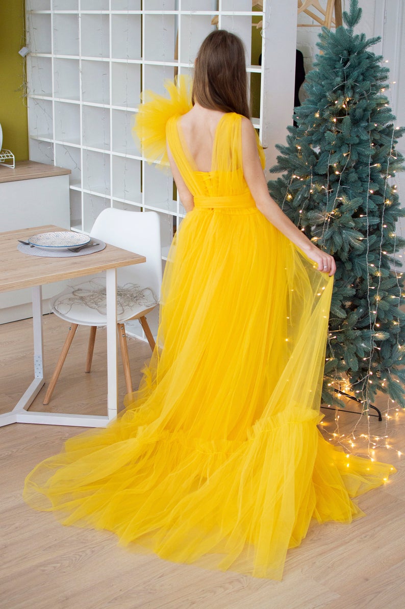 Lovely Bright Yellow Tulle Prom Dresses, A-line Prom Dresses, Newest Prom Dresses, 2021 Prom Dresses