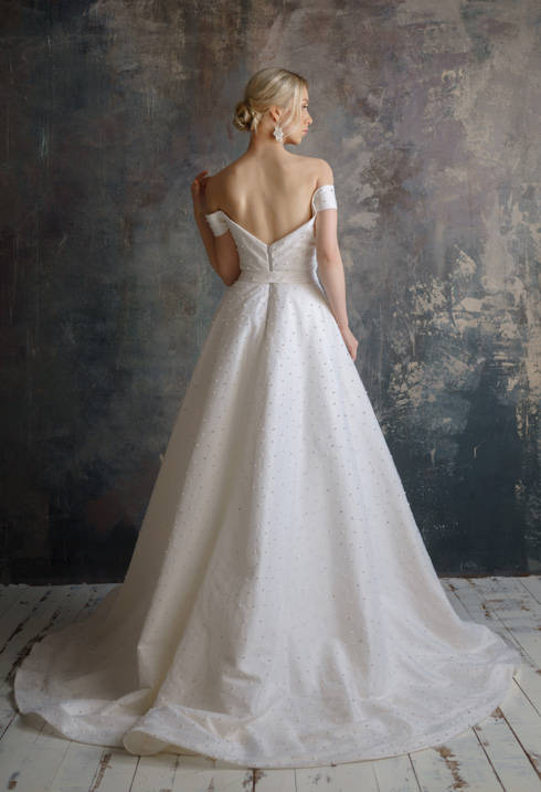 Off Shoulder Long A-line Ivory Satin Beaded Wedding Dresses, Elegant Long Wedding Dresses, Bridal Gown