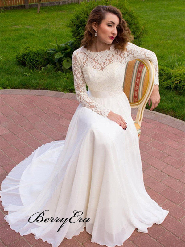 Lace Long Sleeves Wedding Dresses, A-line Chiffon Wedding Dresses, Bridal Gowns