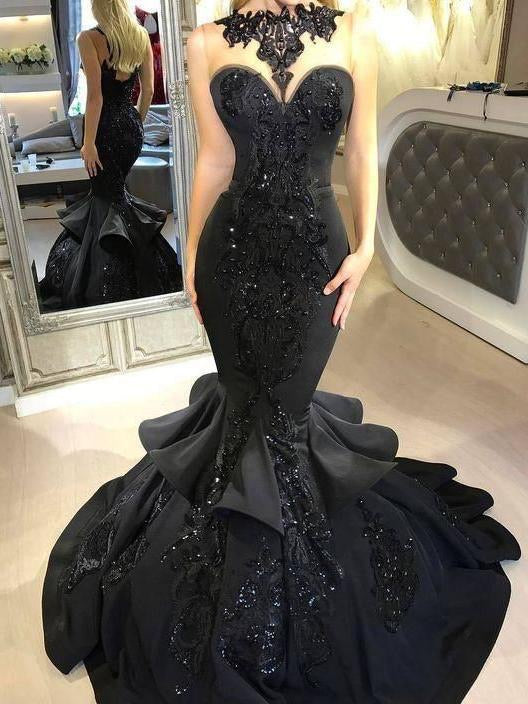 Mermaid Long Prom Dresses, Black Prom Dresses, Luxury Beaded Lace Prom Dresses, 2020 Prom Dresses