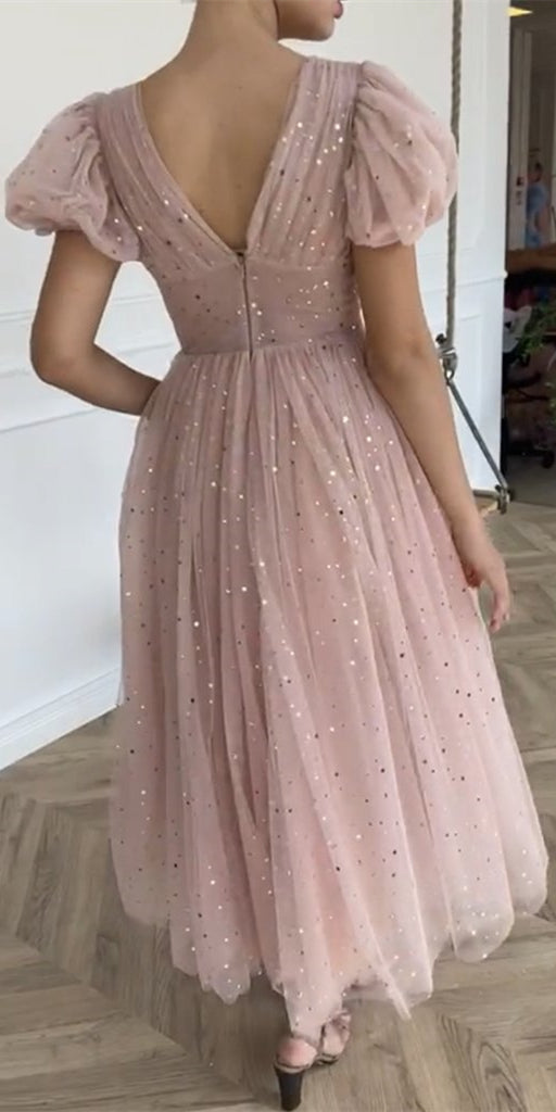 V-neck Short Sleeves Blush Pink Tulle Prom Dresses, Affordable Prom Dresses, 2021 Prom Dresses, RC004