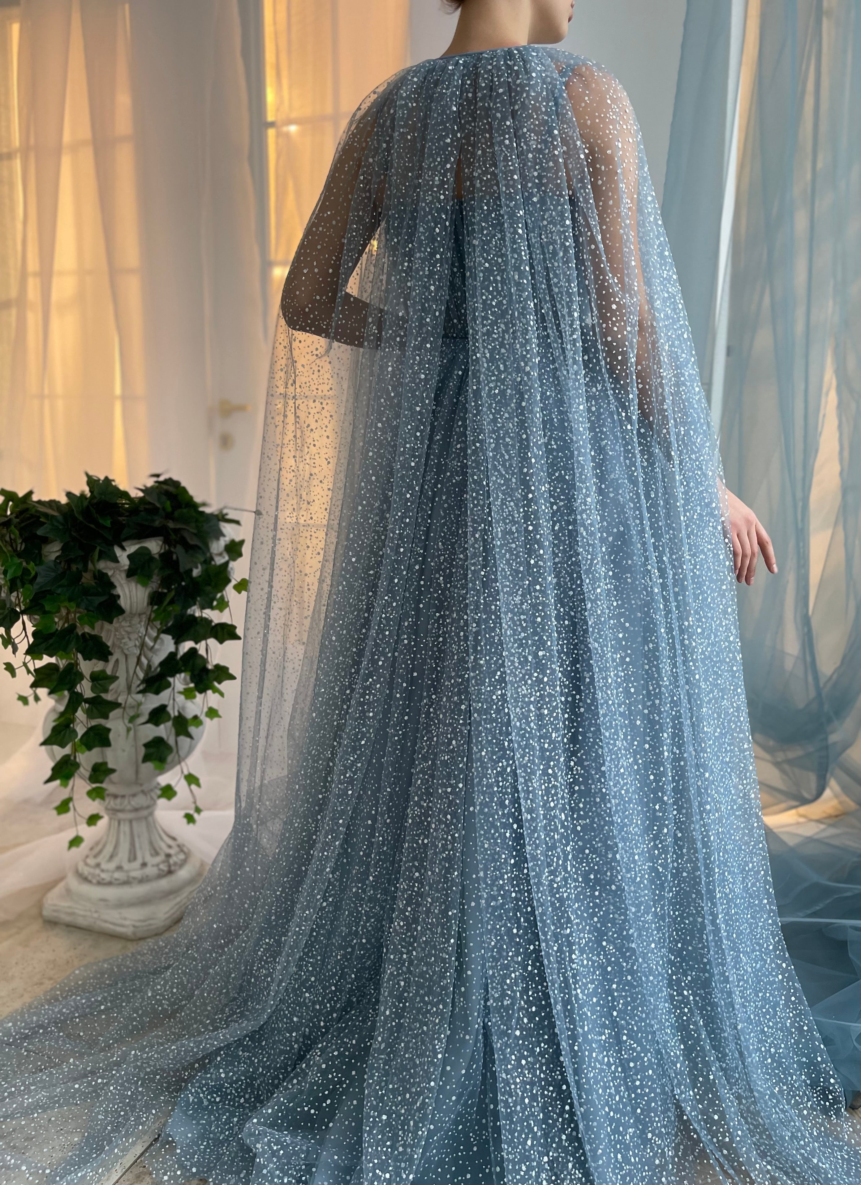 Dusty Blue A-line Prom Dresses, Princess Dresses, Unique Prom Dresses With Cape, Newest Prom Dresses