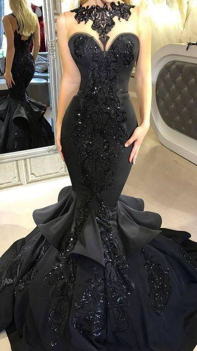 Mermaid Long Prom Dresses, Black Prom Dresses, Luxury Beaded Lace Prom Dresses, 2020 Prom Dresses