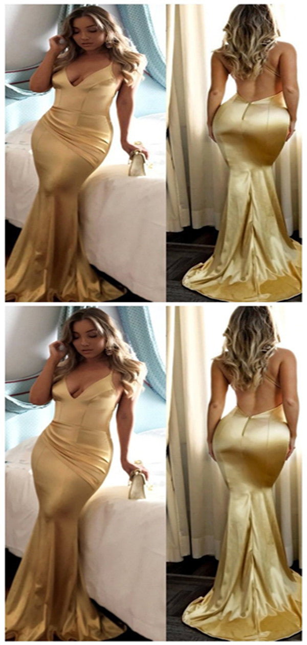 Backless Gold Mermaid Cheap Long Evening Sexy Prom Dresses