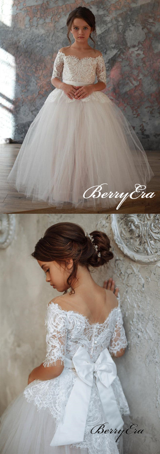 Off Shoulder A-line Lace Tulle Princess Flower Girl Dresses