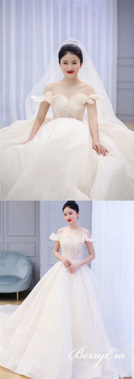 Off Shoulder Ivory Sequin Tulle Long A-line Wedding Dresses, Bridal Gown
