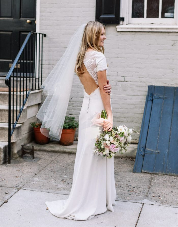 Deep V-neck Short Sleeves Wedding Dresses, Lace Popular Wedding Dresses