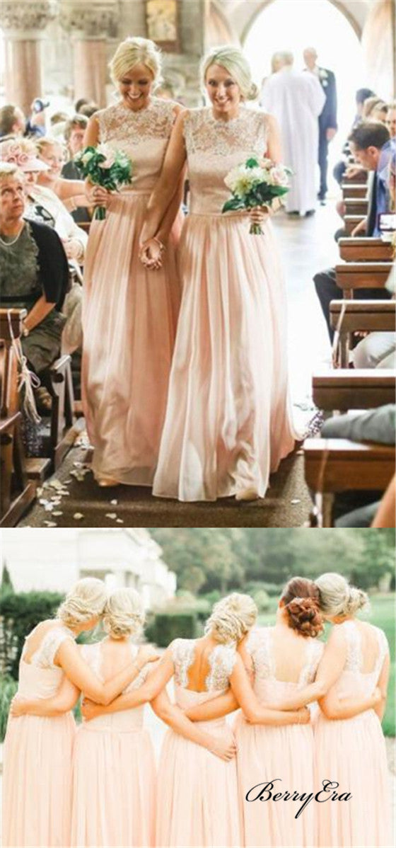 Illsuion Lace Top Chiffon A-line Long Bridesmaid Dresses