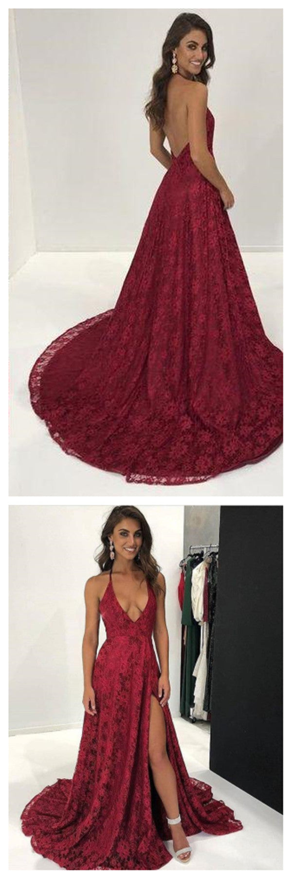 Sexy Deep V-neck Long Prom Dresses, Backless Evening Party Dresses