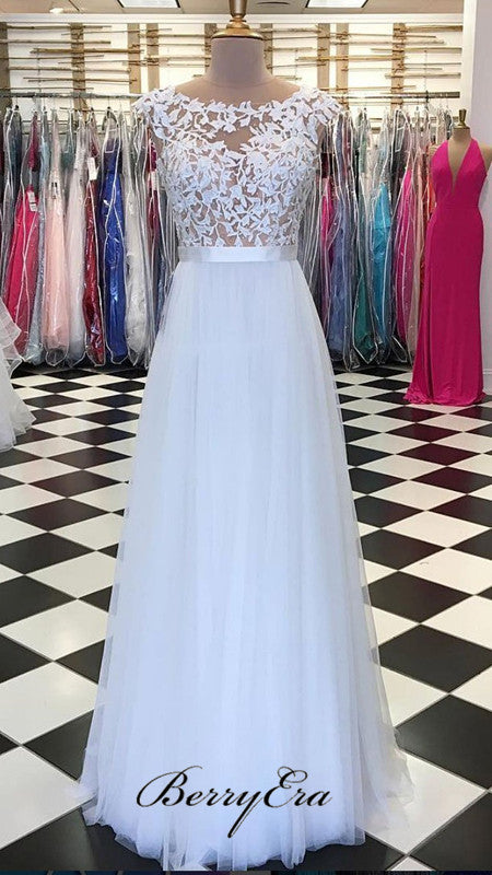 Cap Sleeve Long A-line Lace Tulle Prom Dresses, Elegant Prom Dresses, Prom Dresses