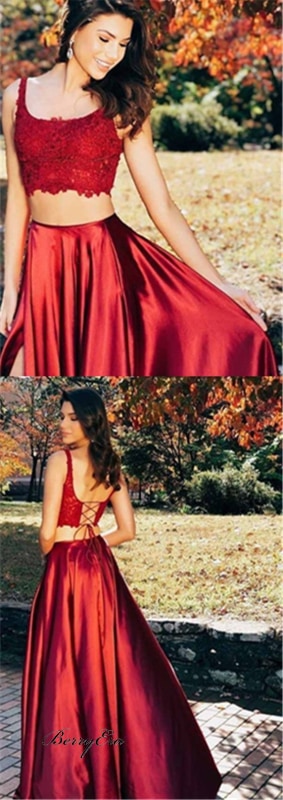 2 Pieces Red Lace Soft Satin Prom Dresses Long Prom Dresses