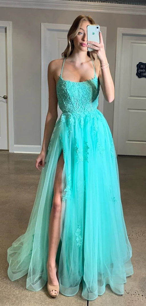 Spaghetti Long A-line Lace Tulle Prom Dresses, Side Slit Prom Dresses, Long Prom Dresses