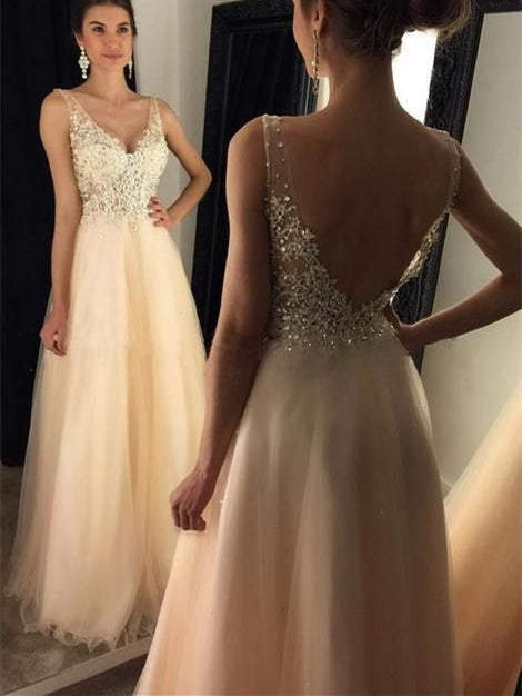 V-neck Lace Tulle Prom Dresses, Beaded Cheap Prom Dresses