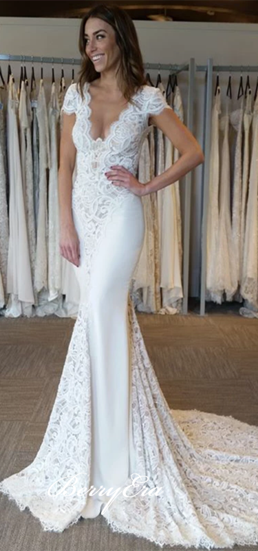Cap Sleeves Lace Mermaid Wedding Dresses, Ivory Jersey Lace Wedding Dresses, Bridal Gown