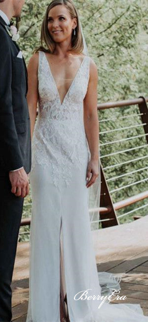 V-neck Front Slit Lace Sheath Long Wedding Dresses