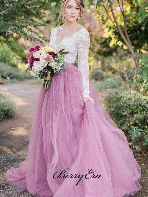V-neck Long Sleeves Lace Top A-line Tulle Wedding Dresses