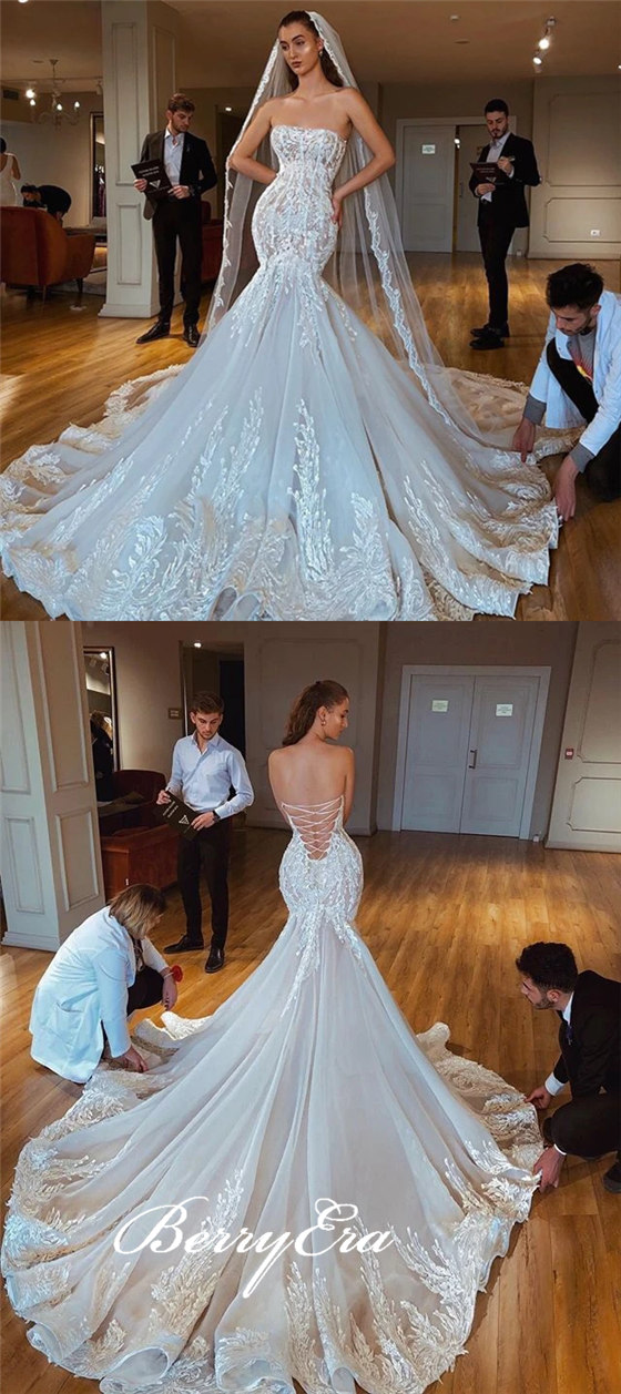 Strapless Gorgeous Lace Mermaid Wedding Dresses, Sexy Mermaid Lace Up Wedding Gown, Long Wedding Dresses