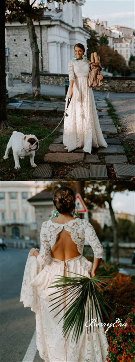 Half Sleeves A-line Lace Wedding Dresses, Open Back Wedding Dresses