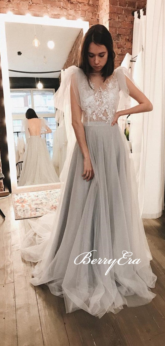 Lace Top Light Grey Tulle Wedding Dresses, V-back Wedding Dresses, Long A-line Wedding Dresses
