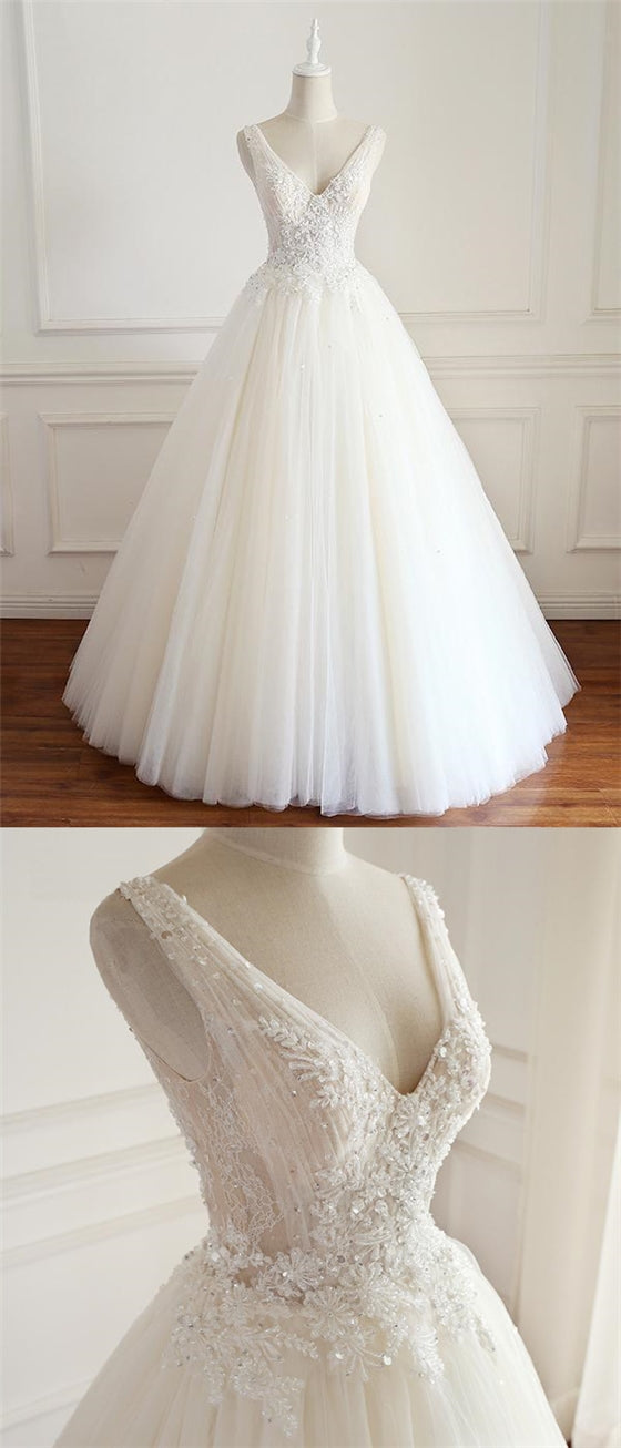 V-neck Lace Beaded Long A-line Tulle Wedding Dresses