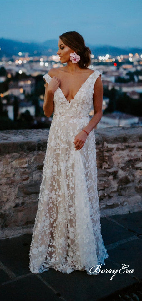 V-neck Long A-line Lace Wedding Dresses, Long Wedding Dresses, Bridal Gown