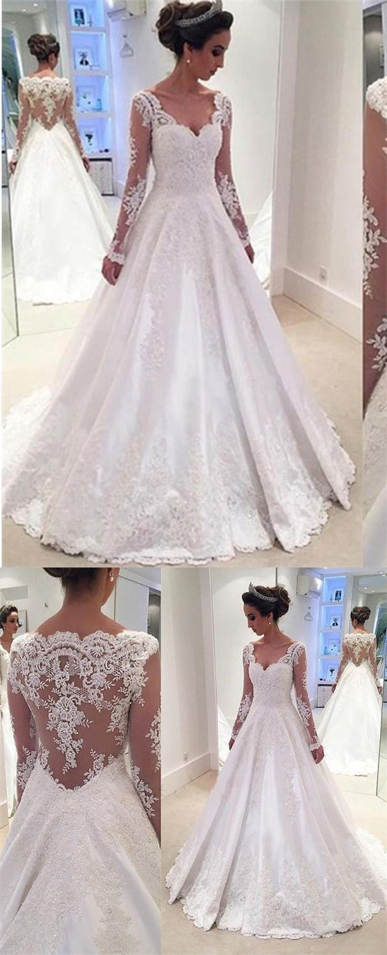 Long Sleeves A-line Lace Satin Wedding Dresses