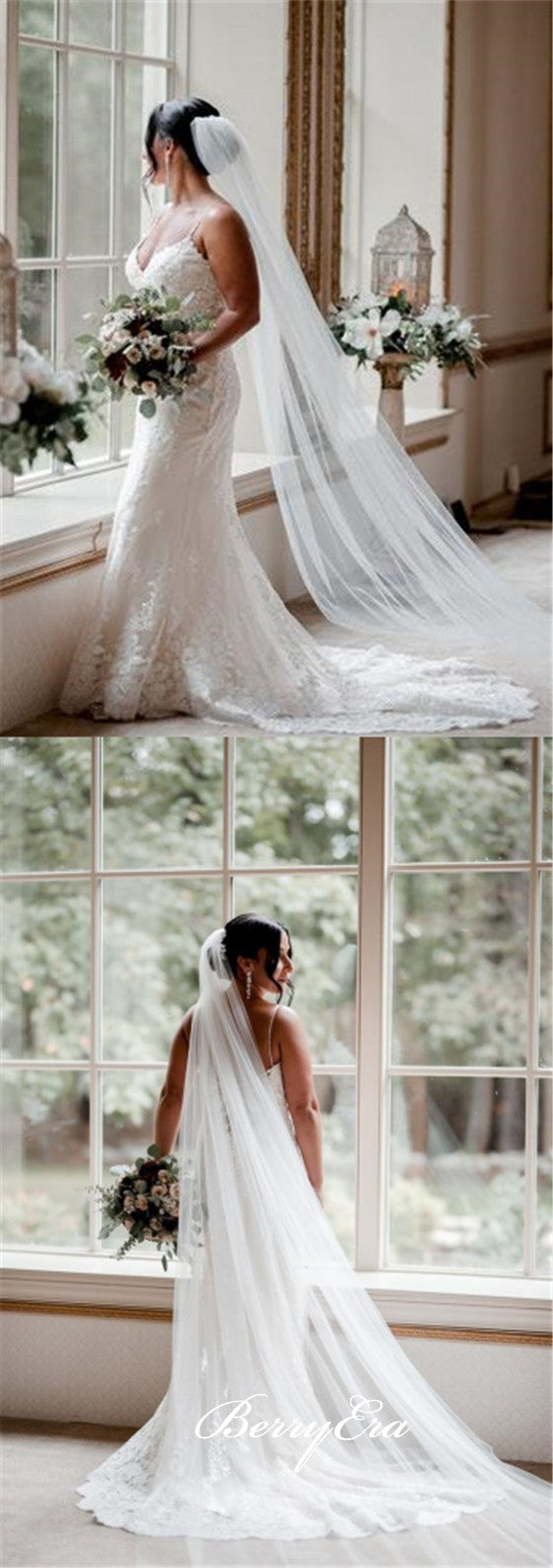 Spaghetti Long Mermaid Lace Tulle Wedding Dresses, Bridal Gown