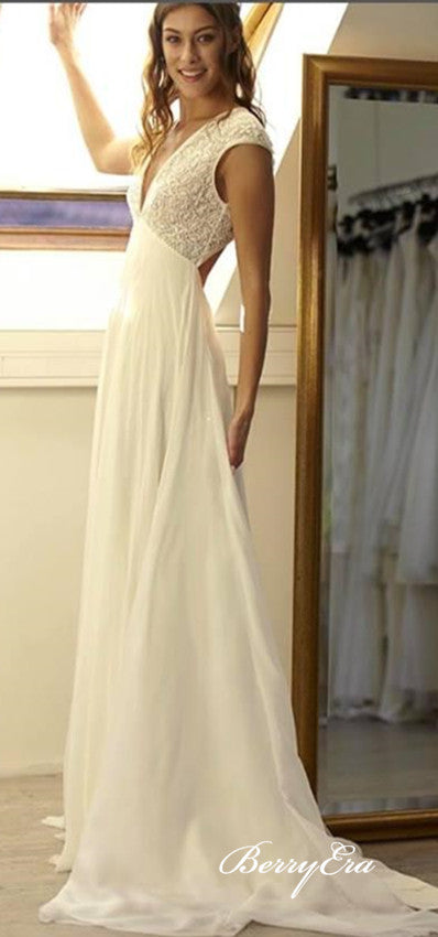 V-neck Lace Top A-line Chiffon Skirt Wedding Dresses