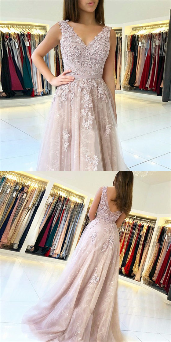 V-neck Long A-line Lace Tulle Prom Dresses, Lovely Prom Dresses, 2020 Prom Dresses
