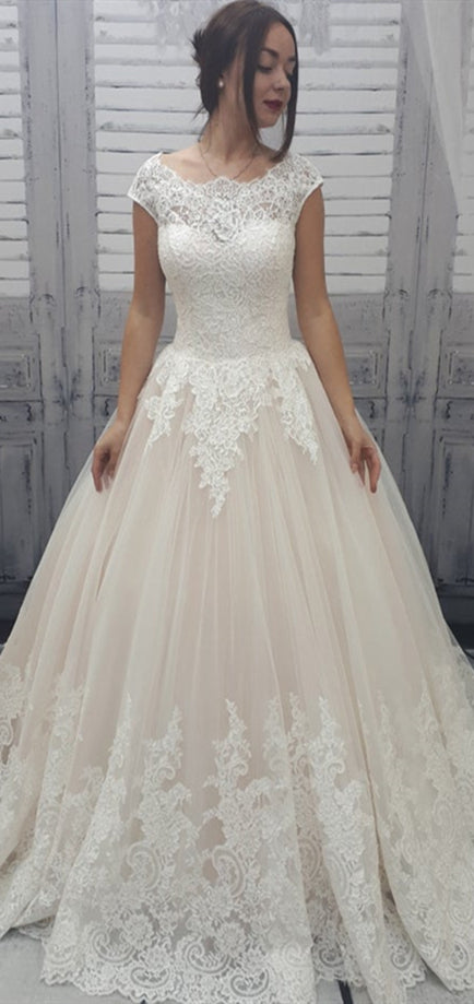 Round Neck Long A-line Lace Tulle Wedding Dresses, Illusion Wedding Dresses, Lovely Lace Wedding Dresses