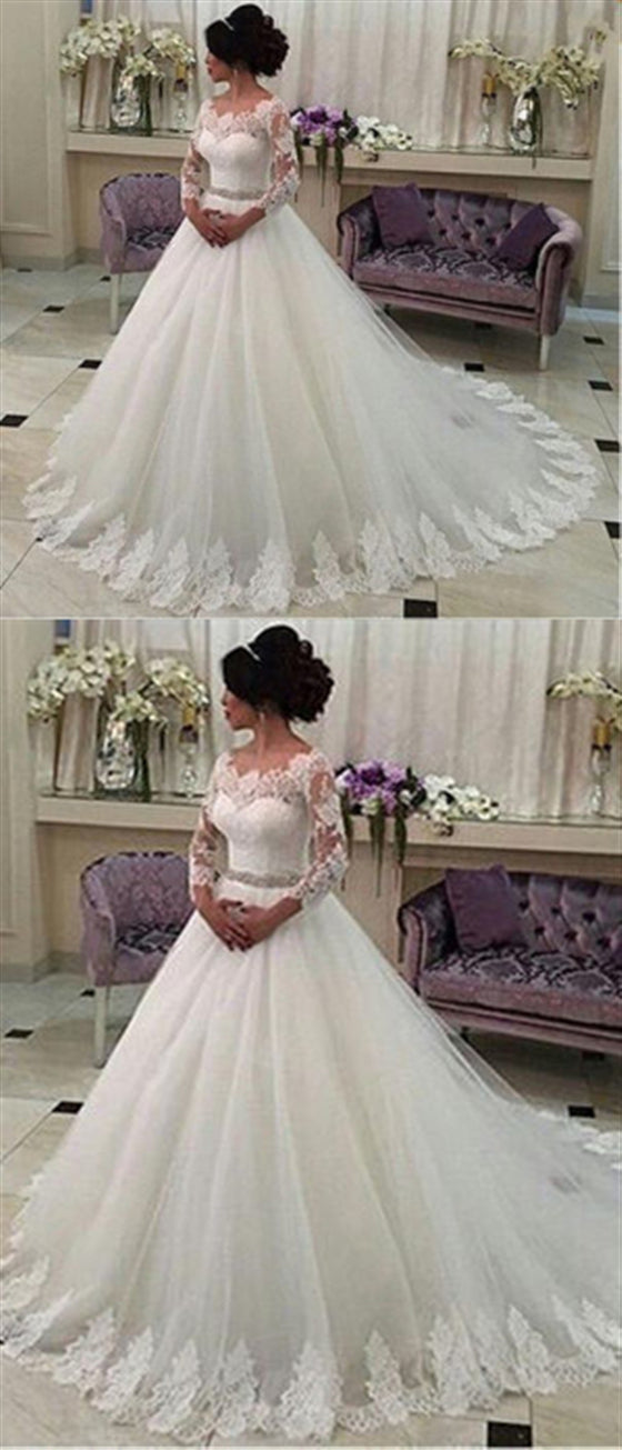 Gorgeous Lace Tulle Wedding Dresses, Beaded Belt Wedding Dresses, Elegant Wedding Dresses