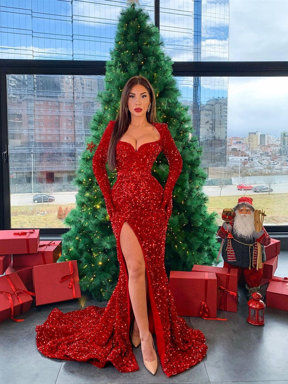 Long Sleeves Red Sequin Prom Dresses, Sexy Side Slit Mermaid Prom Dresses, 2021 Prom Dresses