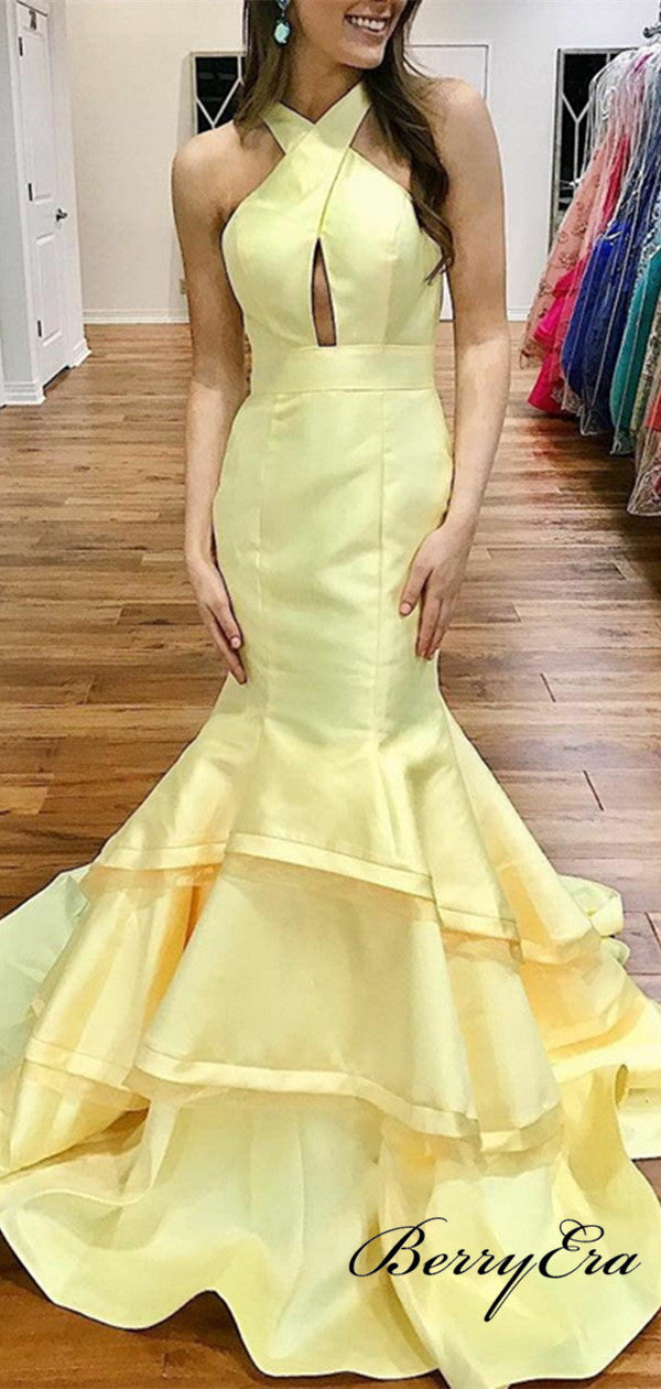 Light Yellow Satin Mermaid Evening Gowns, Unique Fashion Long Prom Dresses 2019