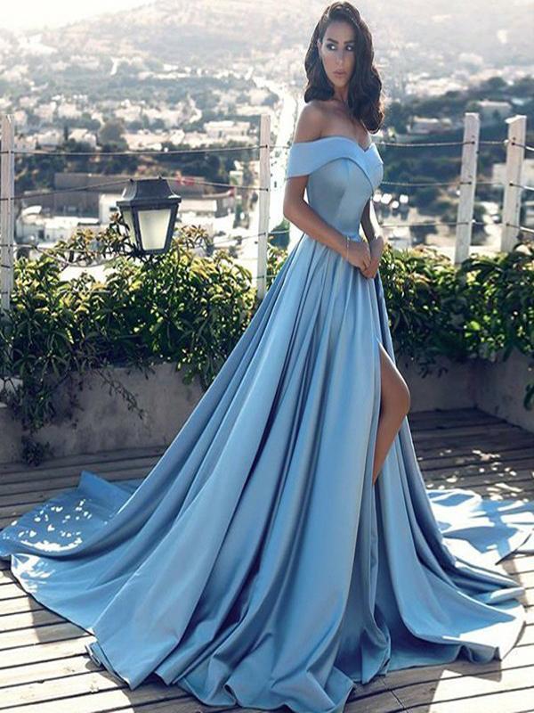 Light Blue Satin Long Side Slit Prom Dresses