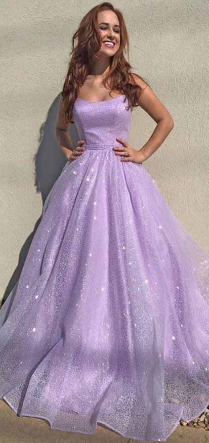 Lilac Sequin Tulle A-line Prom Dresses, Popular 2020 Prom Dresses, Lace Up Prom Dresses