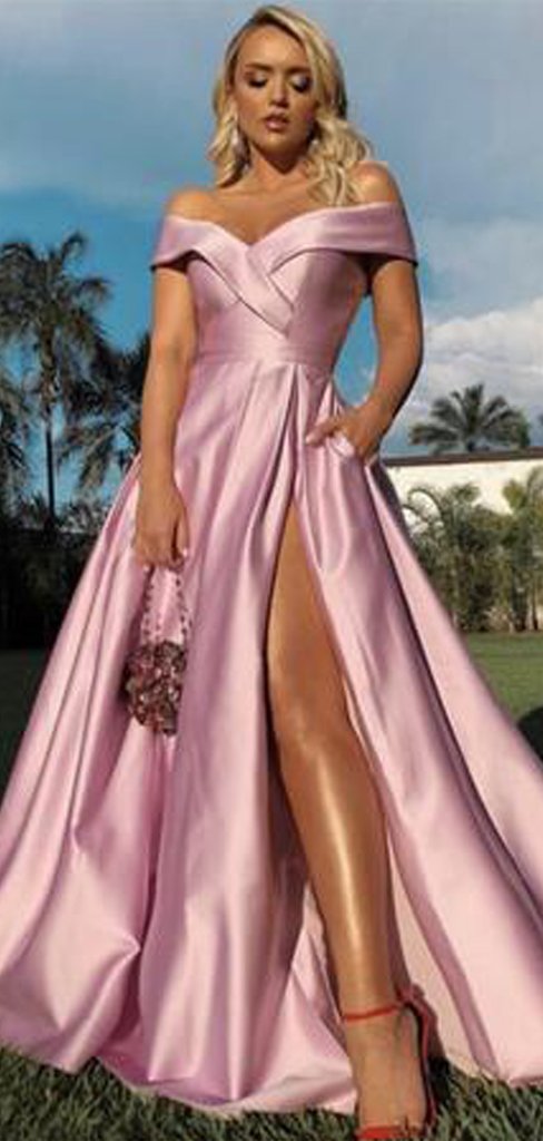 Long Pink Off Shoulder High Side Slit Evening Dresses