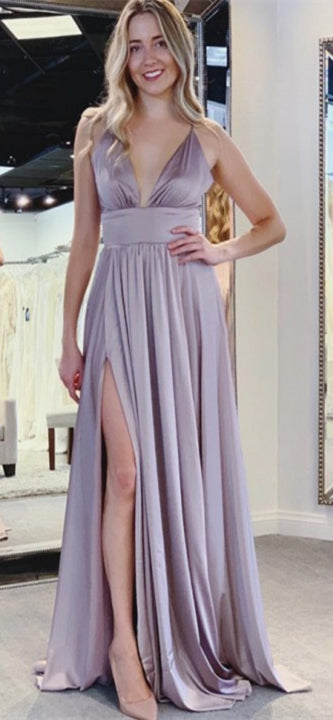 Spaghetti Long A-line Side Slit Simple Prom/Bridesmaid Dresses