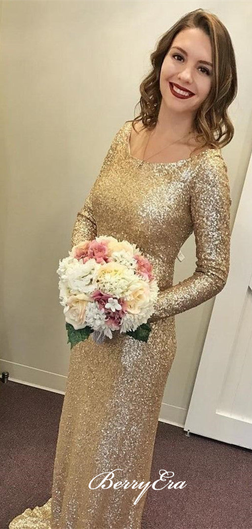 Long Sleeves Scoop Sheath Gold Sequin Bridesmaid Dresses