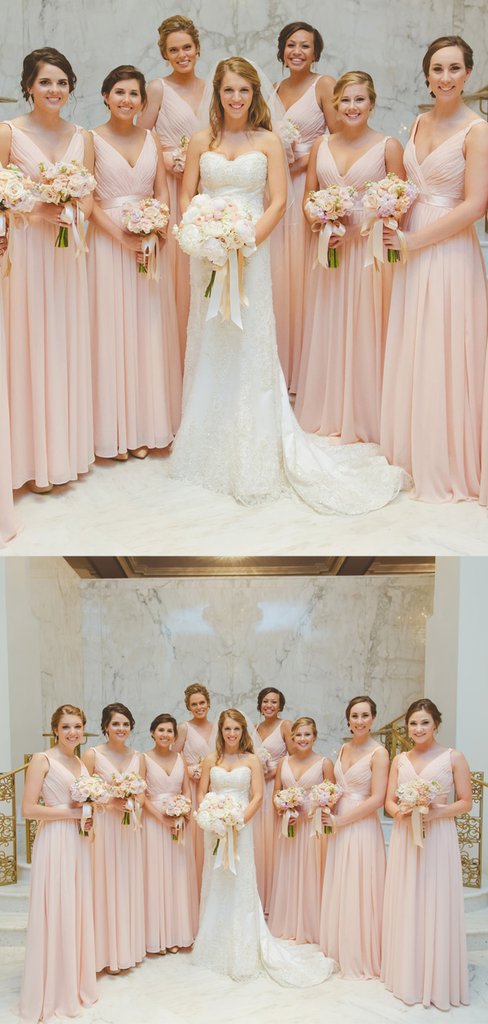 V-neck Blush Pink Chiffon A-line Bridesmaid Dresses
