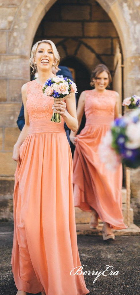 Sleeveless Orange Lace Chiffon A-line Long Bridesmaid Dresses