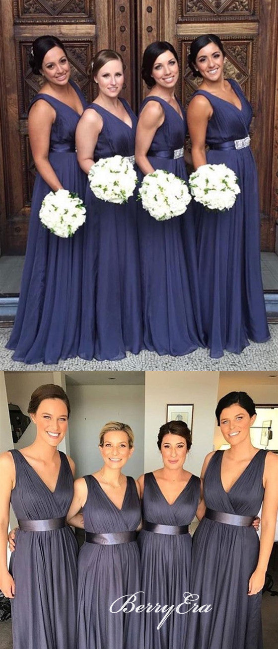 V-neck A-line Navy Long Bridesmaid Dresses