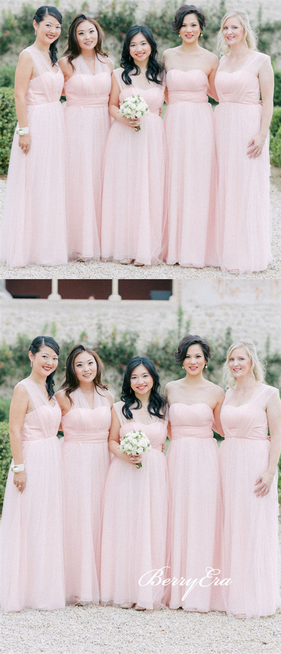 Pink Convertible Long A-line Tulle Bridesmaid Dresses