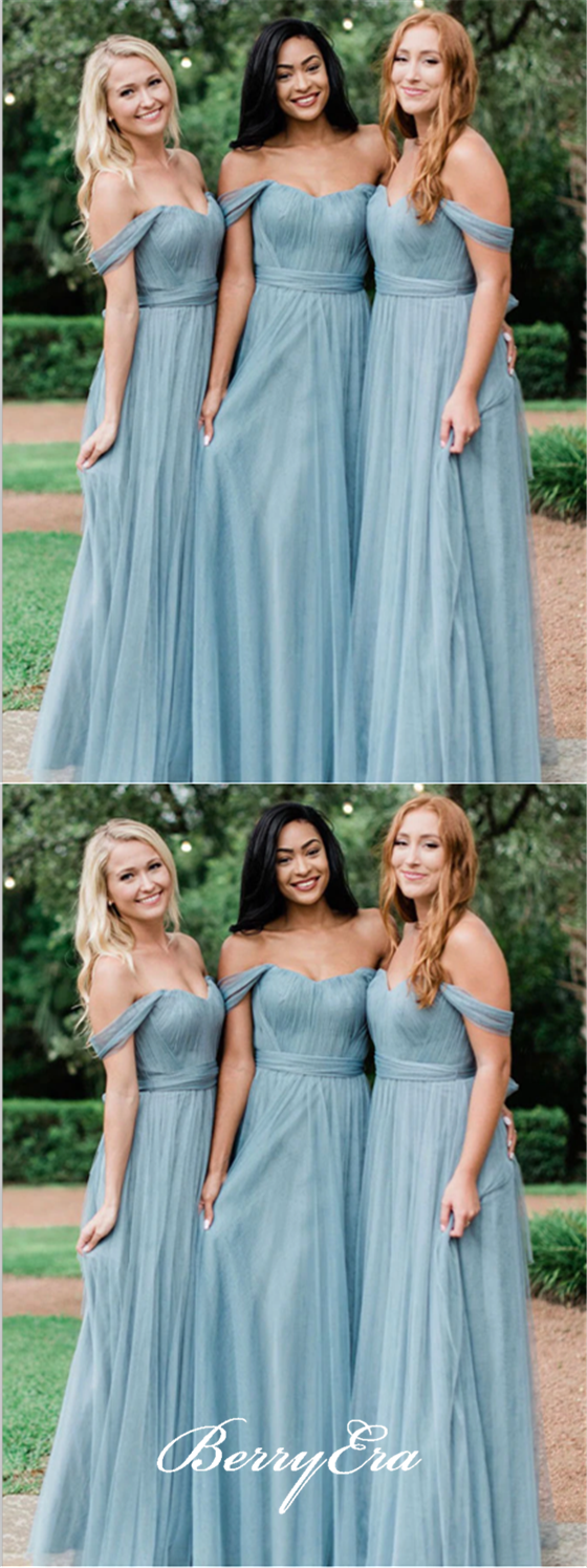 Off Shoulder A-line Blue Tulle Long Bridesmaid Dresses