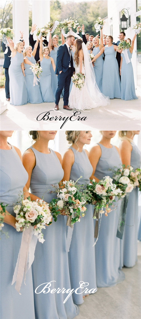 Round Neck Sleeveless Dusty Blue Jersey Bridesmaid Dresses, Popular Bridesmaid Dresses