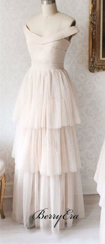 Off Shoulder Simple Tulle Bridesmaid Dresses, Long Bridesmaid Dresses