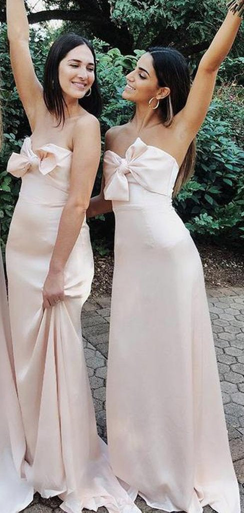 Strapless Long Sheath Pale Pink Bridesmaid Dresses, Bow Knot Bridesmaid Dresses