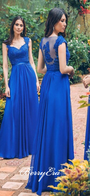 Cap Sleeves Royal Blue Lace Chiffon Bridesmaid Dresses, Long Bridesmaid Dresses