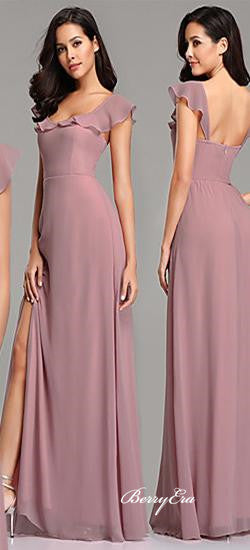 Long A-line Side Slit Purple Chiffon Bridesmaid Dresses