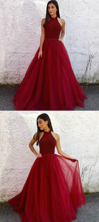 Red Halter Long A-line Beaded Tulle Prom Dresses