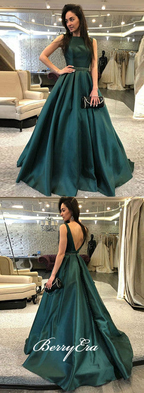 Emerald Green Satin Beaded Prom Dresses, V-back Prom Dresses, Long Prom Dresses
